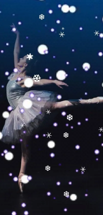 Ballerina leaps elegantly amid glowing white spheres.