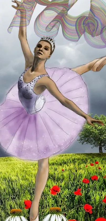 Ballerina dancing gracefully in natural scenery.