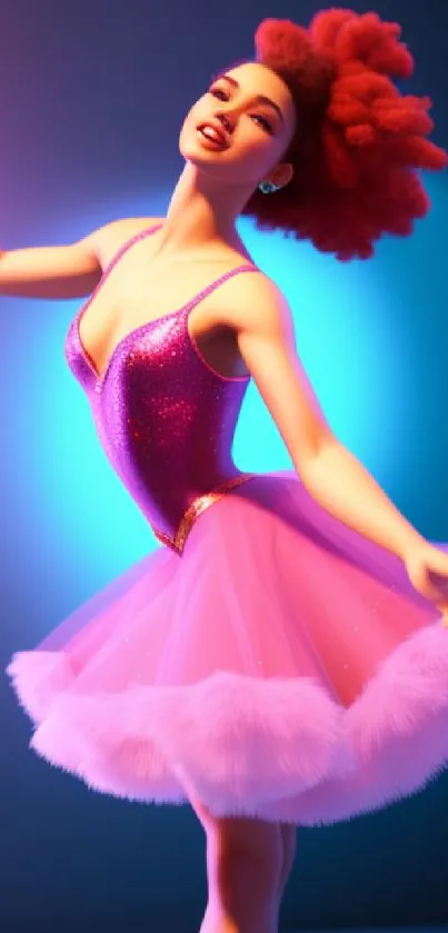 Ballerina in a pink dress with vibrant lighting.