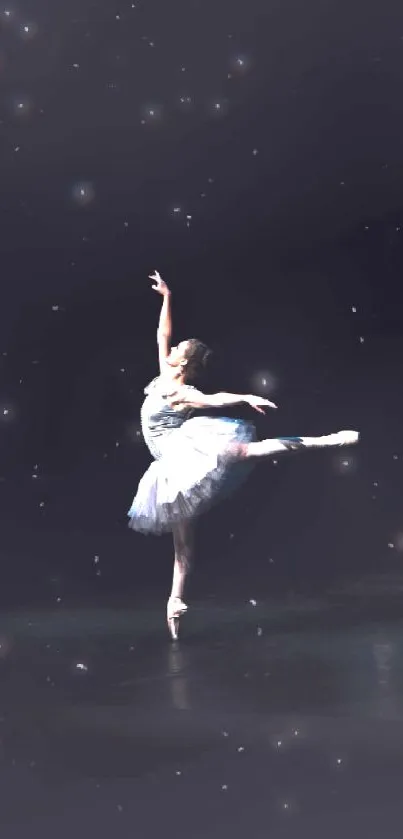 Elegant ballerina performing on stage against a dark background.