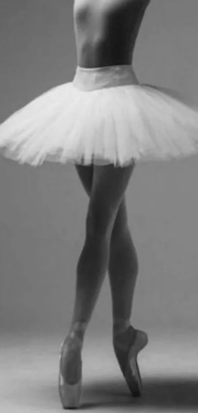 Black and white image of a poised ballerina in elegant ballet pose.