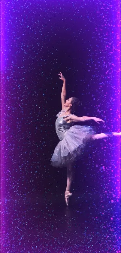 Ballerina dancing in neon lights with a sparkling purple background.