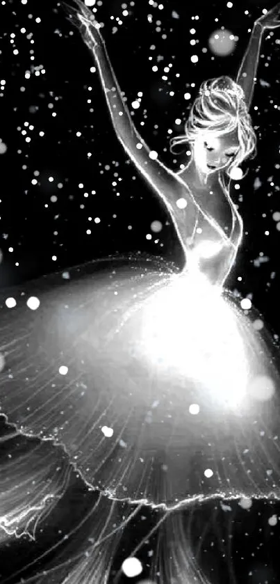 Elegant ballerina against a night sky backdrop with a glowing white dress.