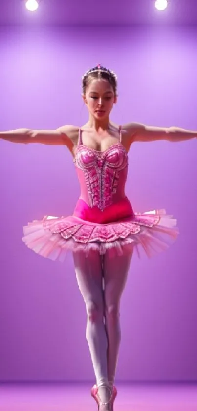 Ballerina in pink tutu performing on a purple-lit stage.