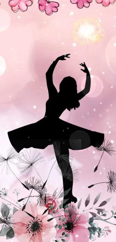 Ballerina silhouette with pink floral background.