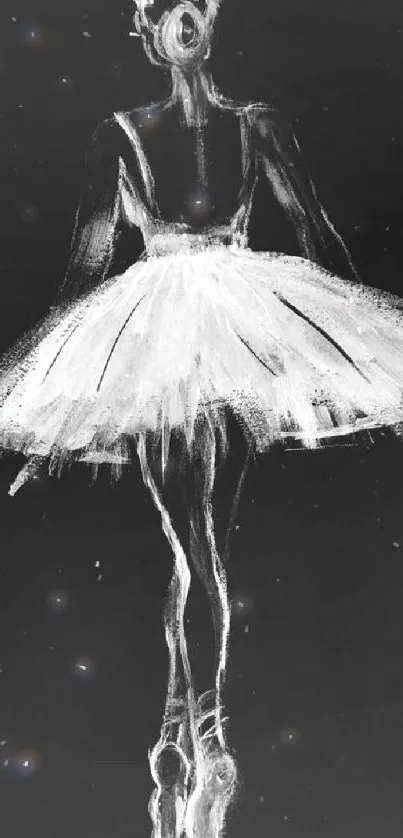 Monochrome artwork of a ballerina in a tutu on a sleek black background.