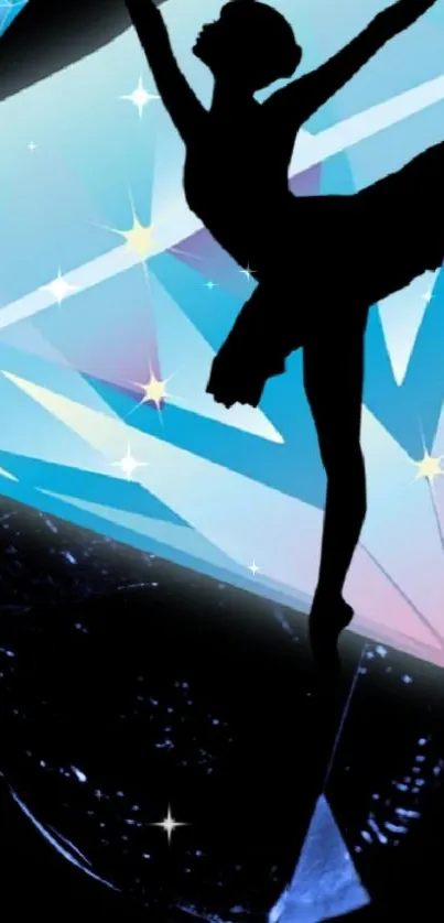 Silhouette of a ballerina with light blue diamond background.