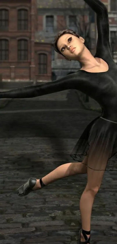 Ballerina in black dress dancing gracefully on a cobblestone street.