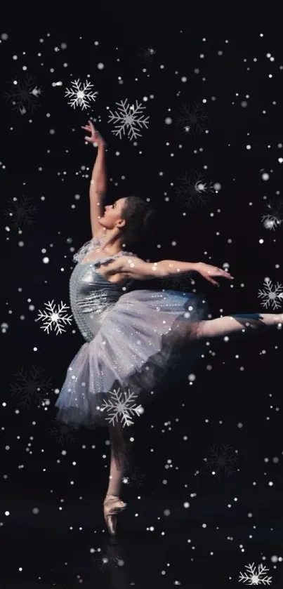 Ballet dancer in elegant pose with snowflakes on dark background.