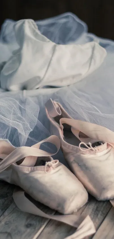 Ballet shoes and tutu on a wooden floor, showcasing elegance and dance beauty.