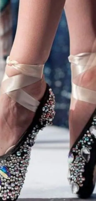 Crystal-encrusted ballet slippers with ribbons.