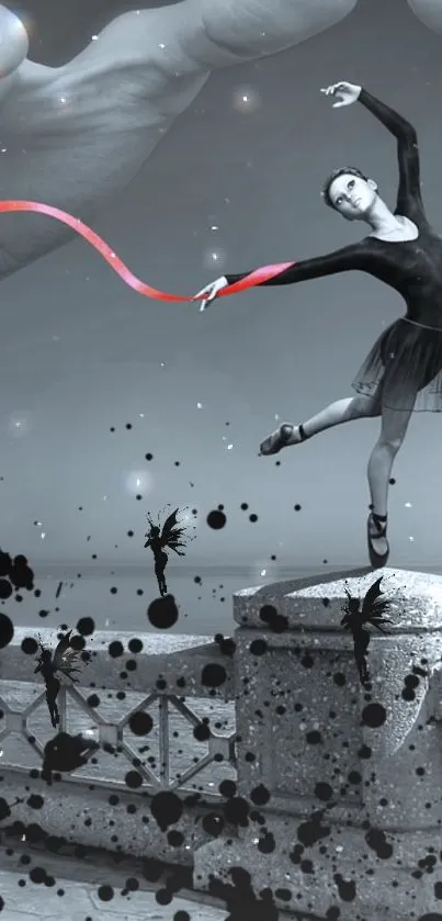 Graceful ballet dancer in monochrome art with red ribbon accent.