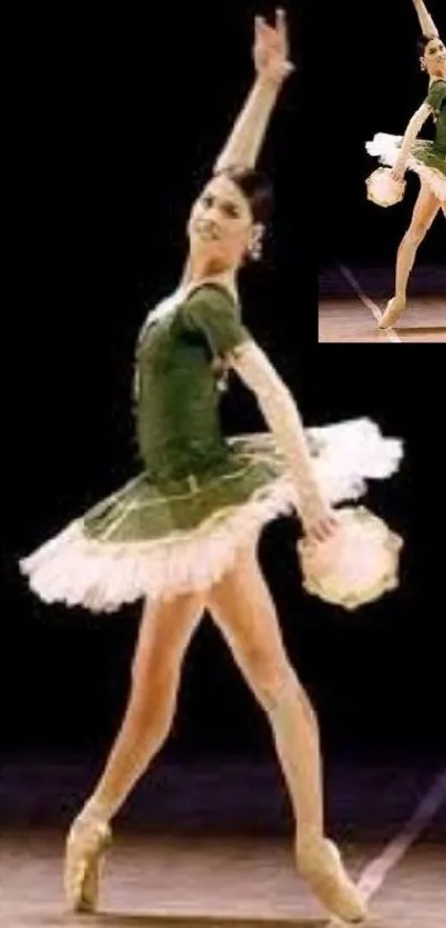 Ballerina in green tutu striking a graceful dance pose.