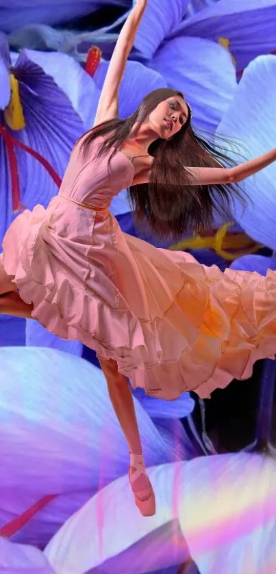 Ballet dancer in pink dress with a purple floral background.