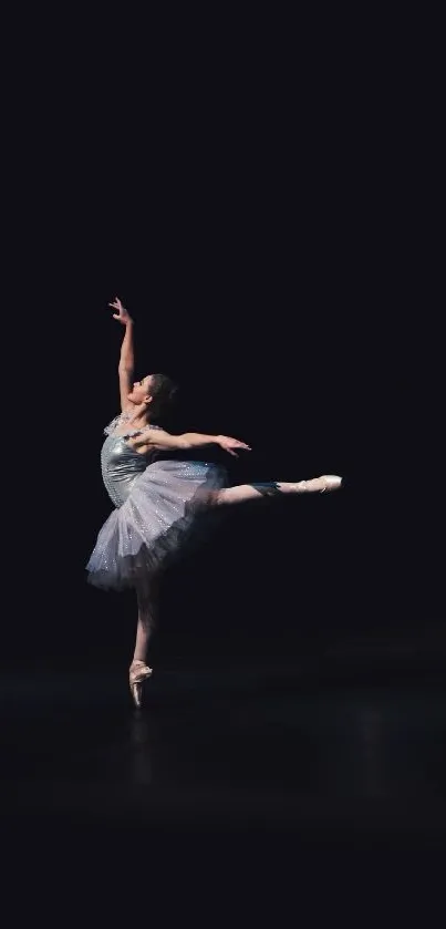 Graceful ballet dancer on a dim stage in an elegant pose.