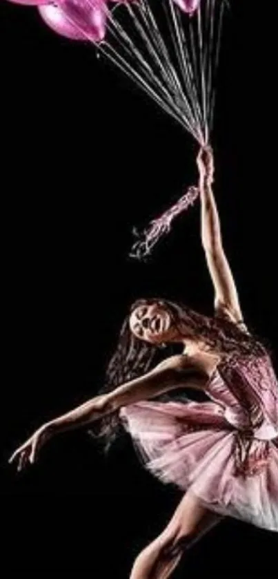 Graceful ballerina with pink balloons on a black background.