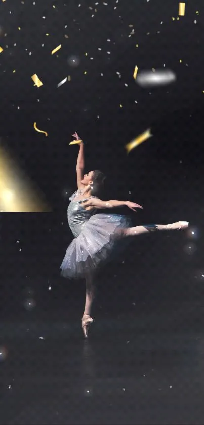 Ballet dancer performs elegantly amidst confetti and lights on stage.