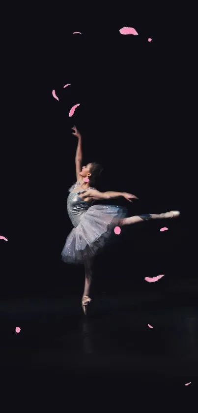 Graceful ballet dancer with pink petals against a dark background.