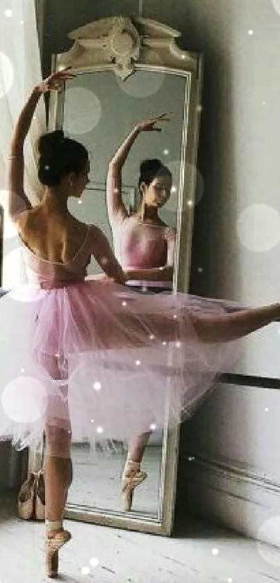 Ballet dancer in pink tutu practicing at the barre with a mirror reflection.