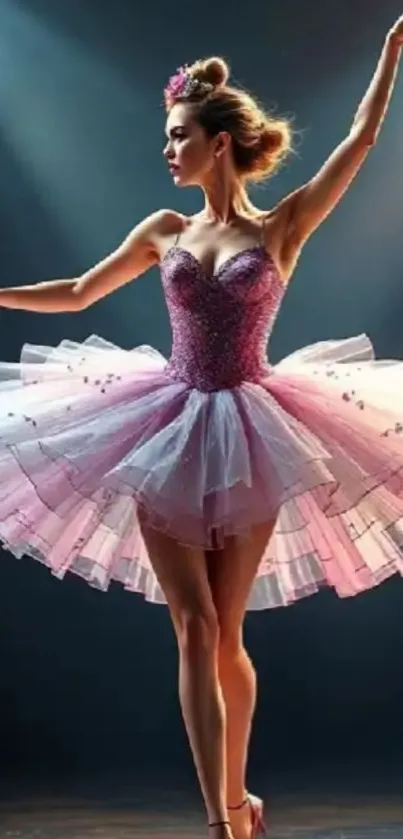 Ballet dancer in a pink tutu posing elegantly on stage.