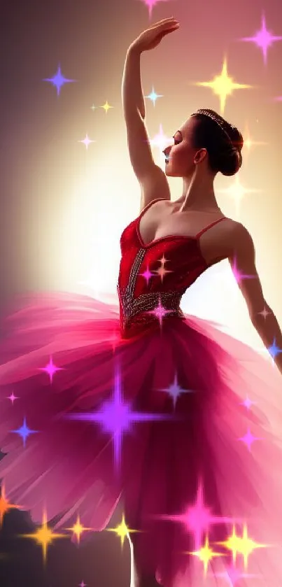 Ballet dancer in pink dress posing gracefully in vibrant light.