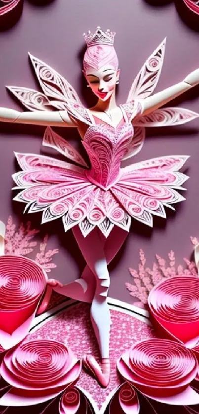 Intricate pink ballet dancer in elegant paper art design wallpaper.