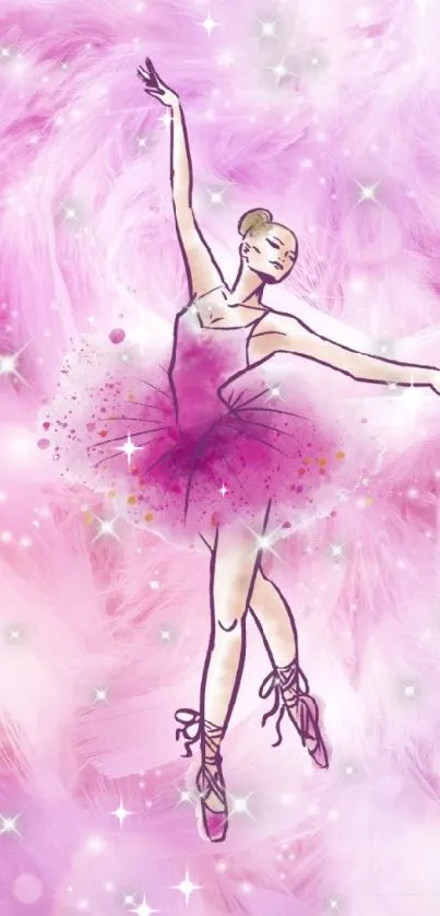 Elegant ballet dancer on pink feathered background wallpaper.