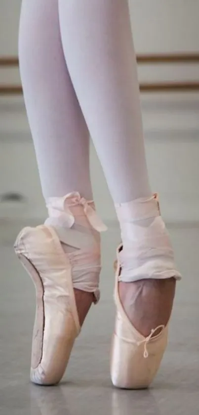 Elegant pastel pink ballet pointe shoes and dancer's legs on a studio floor.