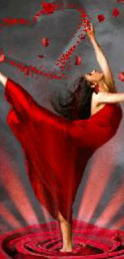 Ballet dancer with red dress and rose petals forming a heart.