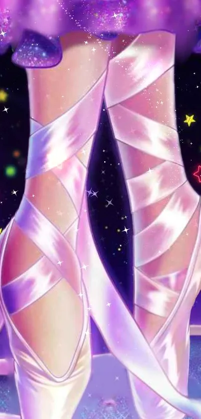 Fantasy ballet shoes with purple ribbons and starry background.