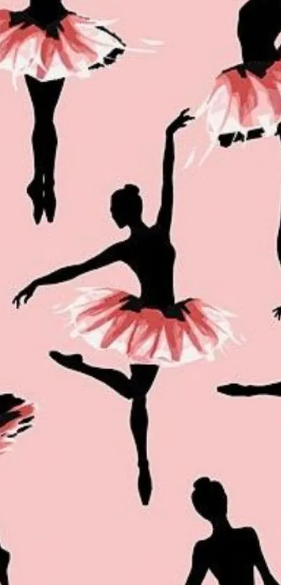 Elegant ballet silhouettes on a light pink background.