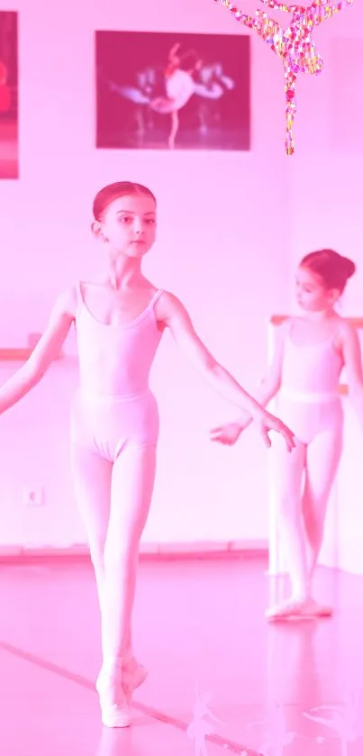 Ballet dancers practice in a pink-themed studio wallpaper.