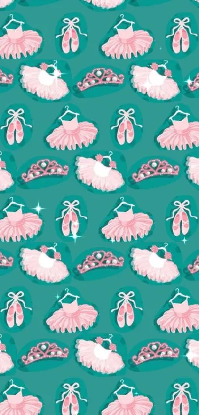 Ballet-themed wallpaper with tutus, slippers, and crowns on teal background.