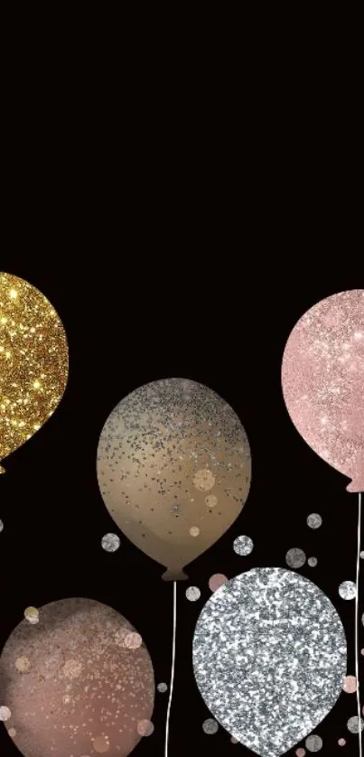 Elegant balloons with gold, silver, and pink sparkles against a black background.