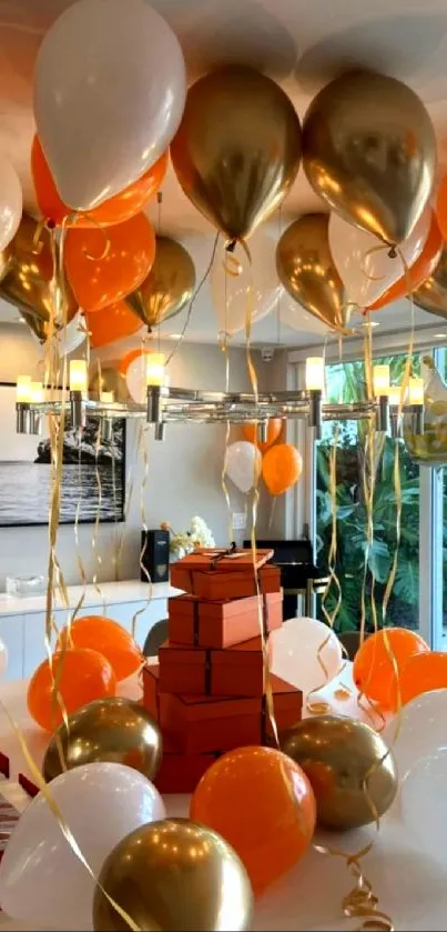 Luxurious decor with orange and gold balloons.