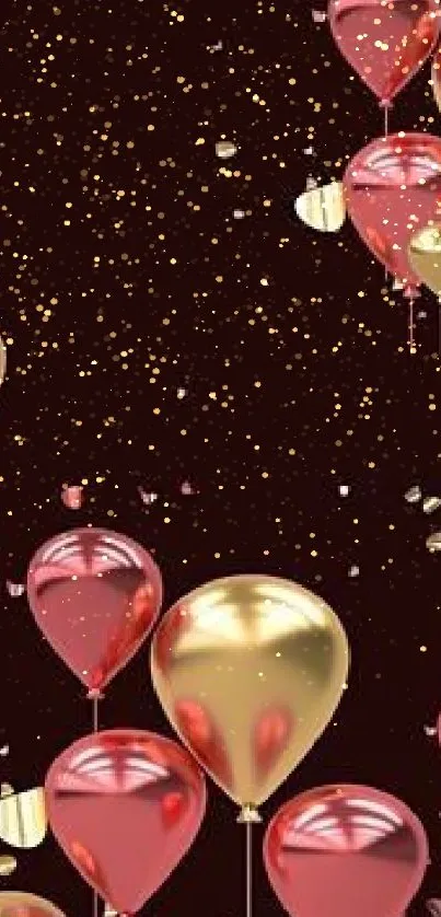 Elegant wallpaper with red and gold balloons on a dark background.