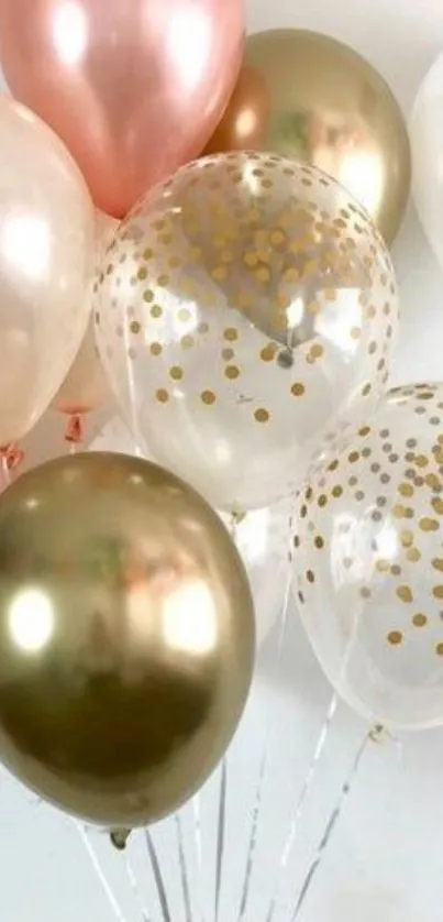 Elegant gold, pink, and ivory balloons create a festive wallpaper design.