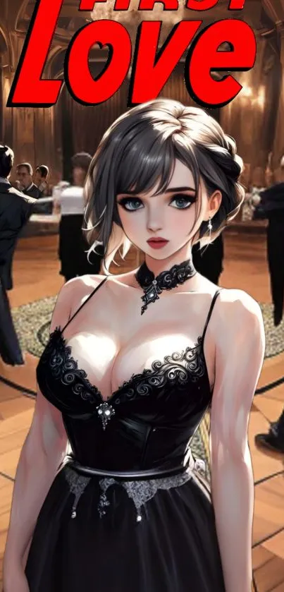 Anime ballroom scene with elegant woman in a black dress.