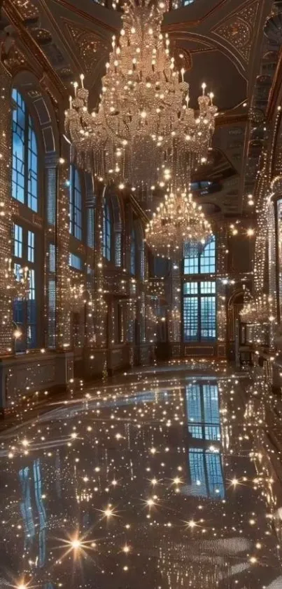 Elegant ballroom with chandeliers reflecting light on a polished floor.