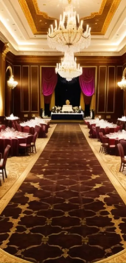 Luxurious ballroom with elegant chandeliers and rich mahogany tones.