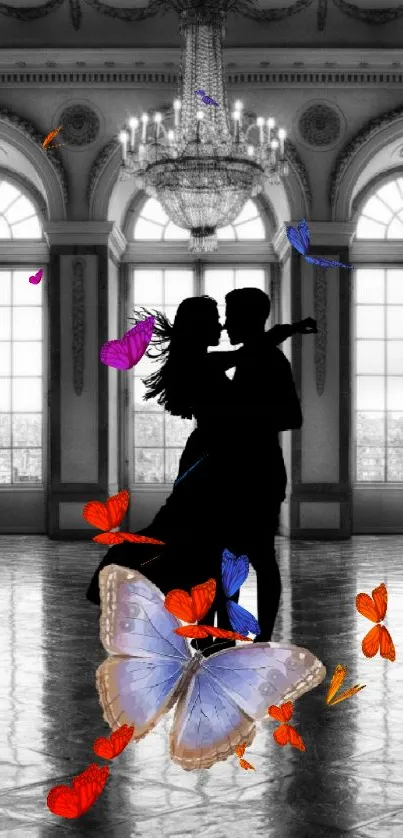 Black and white ballroom with a couple dancing and a blue butterfly.