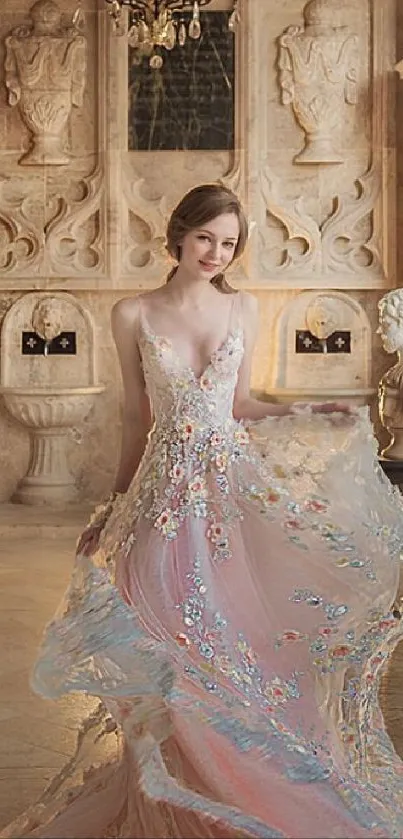 Elegant ballroom with woman in gown