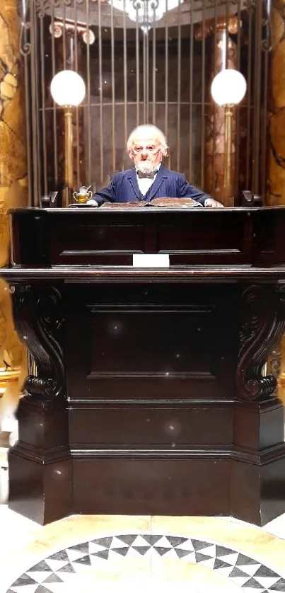 Elegant bank teller desk with golden decor.