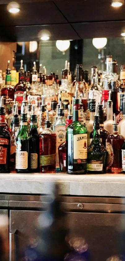 Elegant bar counter with liquor bottles.