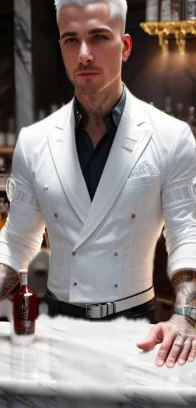 Stylish man in white suit at elegant bar with marble counter.