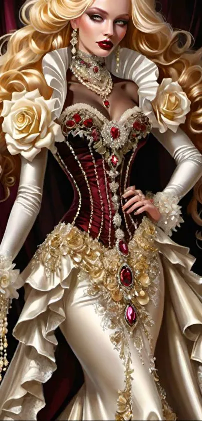Elegant Baroque woman in a lavish gown with pearls.