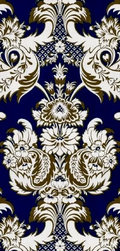 Elegant Baroque floral wallpaper in blue and brown hues.