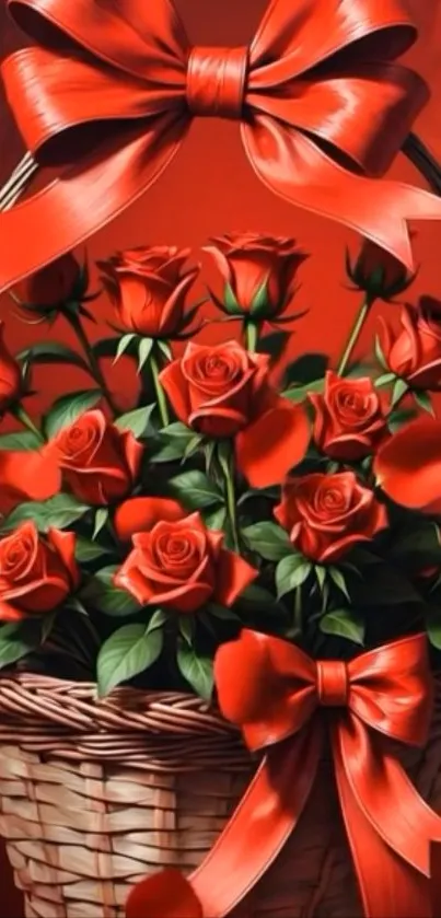 Basket of red roses with elegant ribbons.