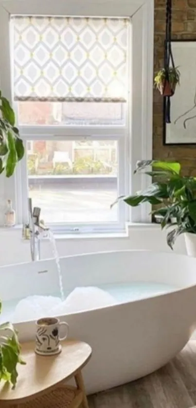 Elegant bathroom with white tub and lush plants.