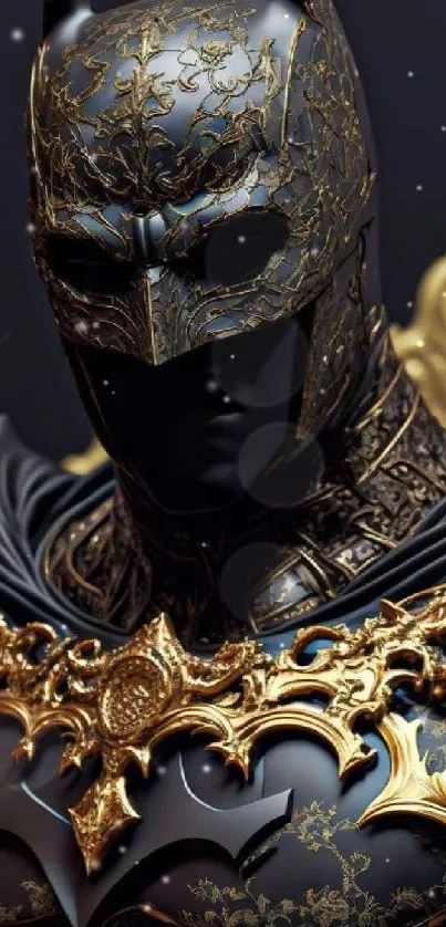 Intricately designed Batman armor with gold details on mobile wallpaper.